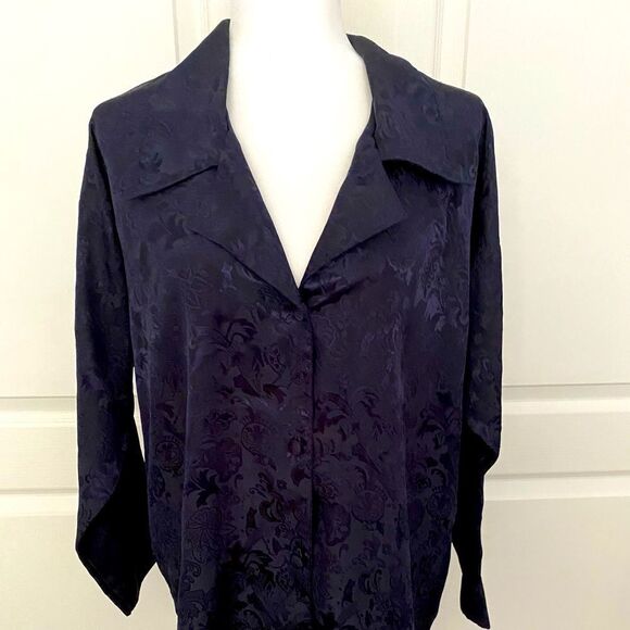 Victoria’s Secret Navy Blue Burnout Satin Sleep Shirt Button Front P/S - Picture 1 of 9